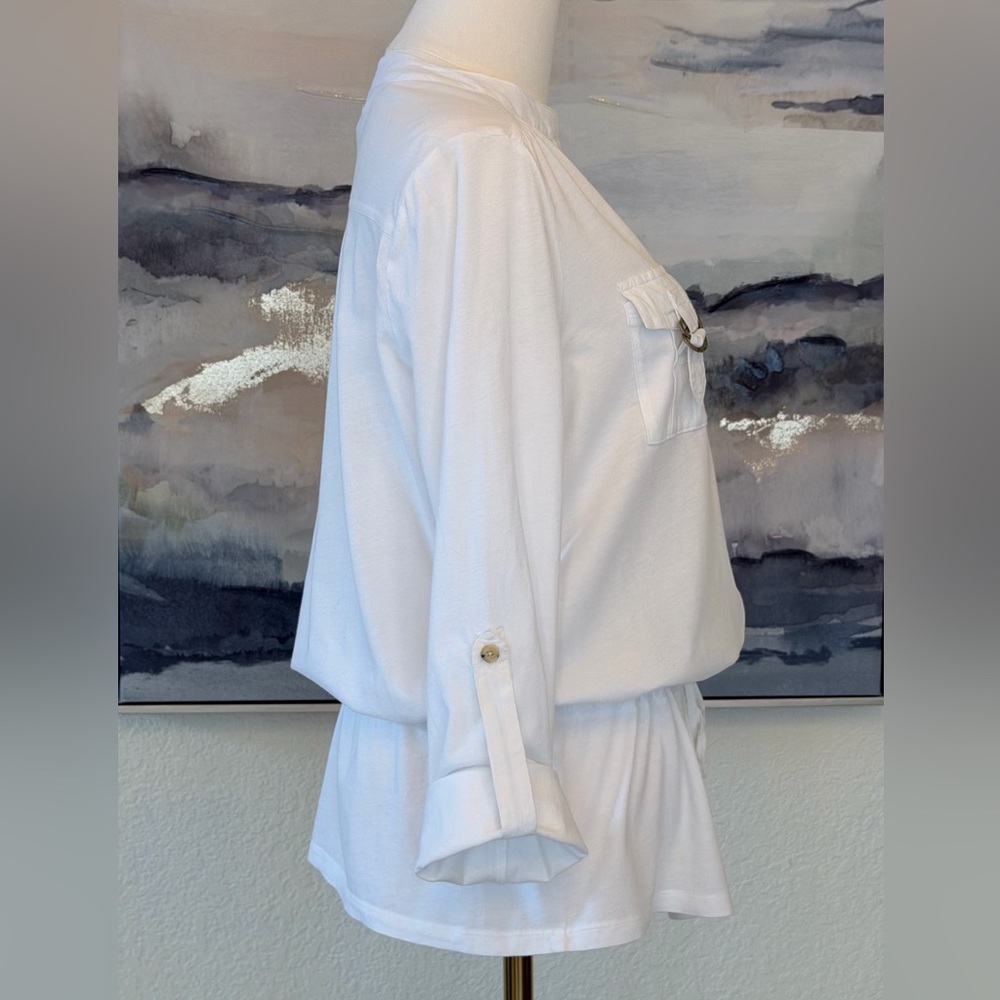 Michael Kors White Cotton Utility Shirt with Gold MK Hardware & Drawstring Waist - Picture 11 of 16